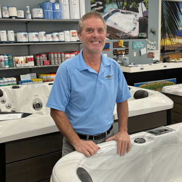 Doug Davidson jim Carmany in the Aquatic Spas hot tub store